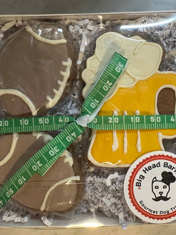 Peanut Butter Football & Beer Dog Cookie Gift Set for wholesale by Big Head Barkery