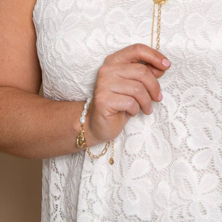 Sale - Mya Pearl & Coin Charm Bracelet Beach Jewelry for wholesale by Elsie & Zoey