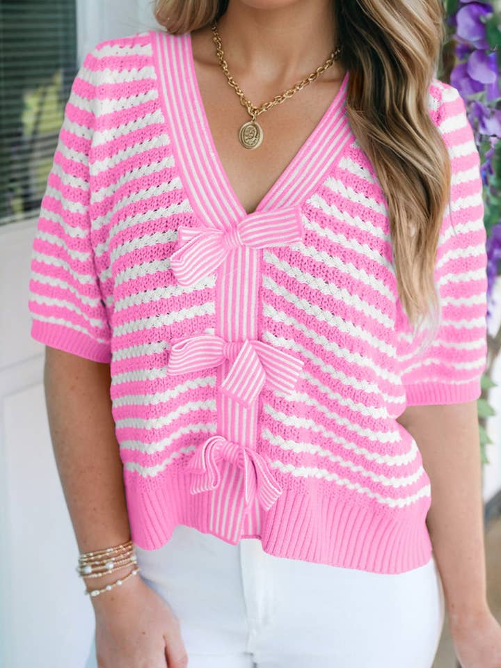 Short Sleeve Knit V Neck Bow Knot Sweater for wholesale by Umorger