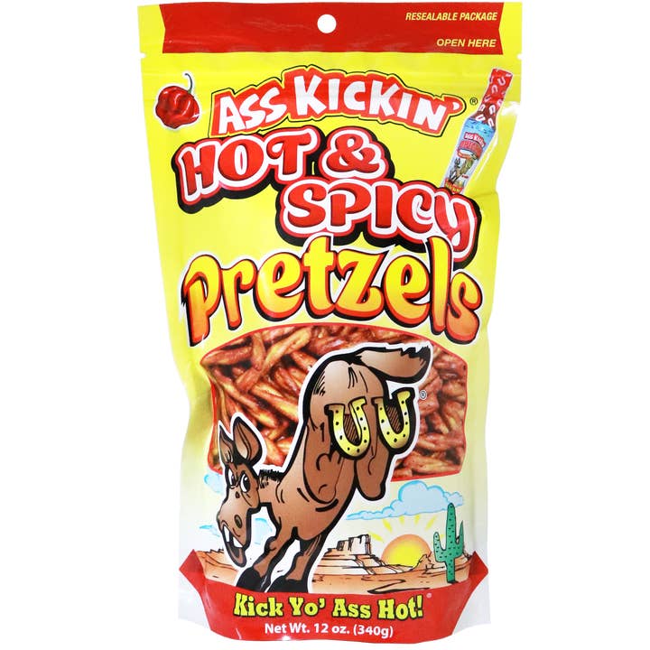 Ass Kickin’ Hot & Spicy Pretzels – 12 oz Resealable Bags for wholesale by Southwest Specialty Food