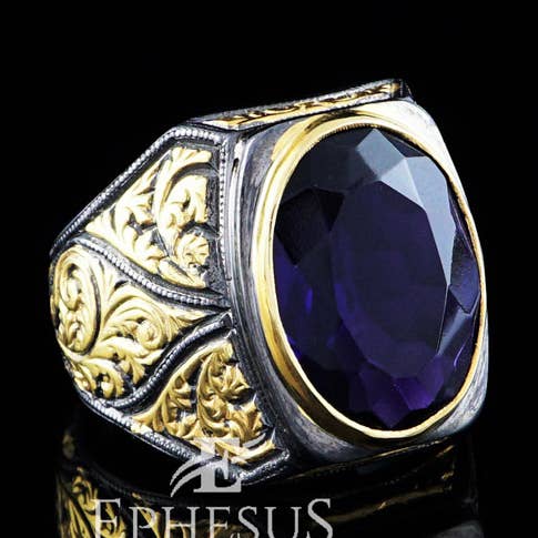 Menns Amethyst Ring Hand graverad Sterling Silver för wholesale av Ephesus Jewelry