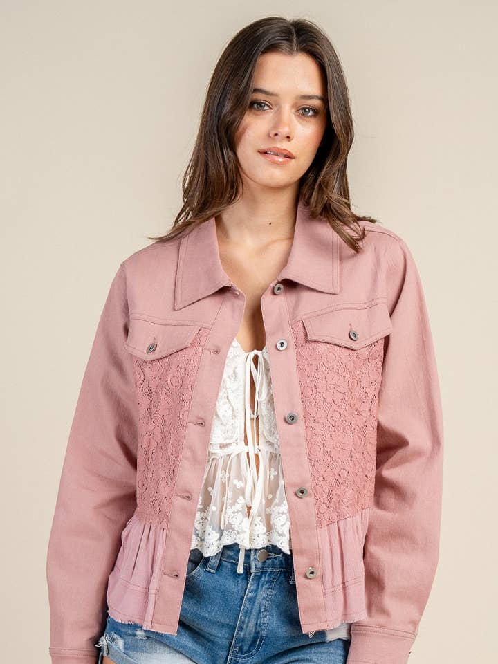 CG60136Y OPEN FRONT DENIM JACKET W/ LACE for wholesale by PRIVY