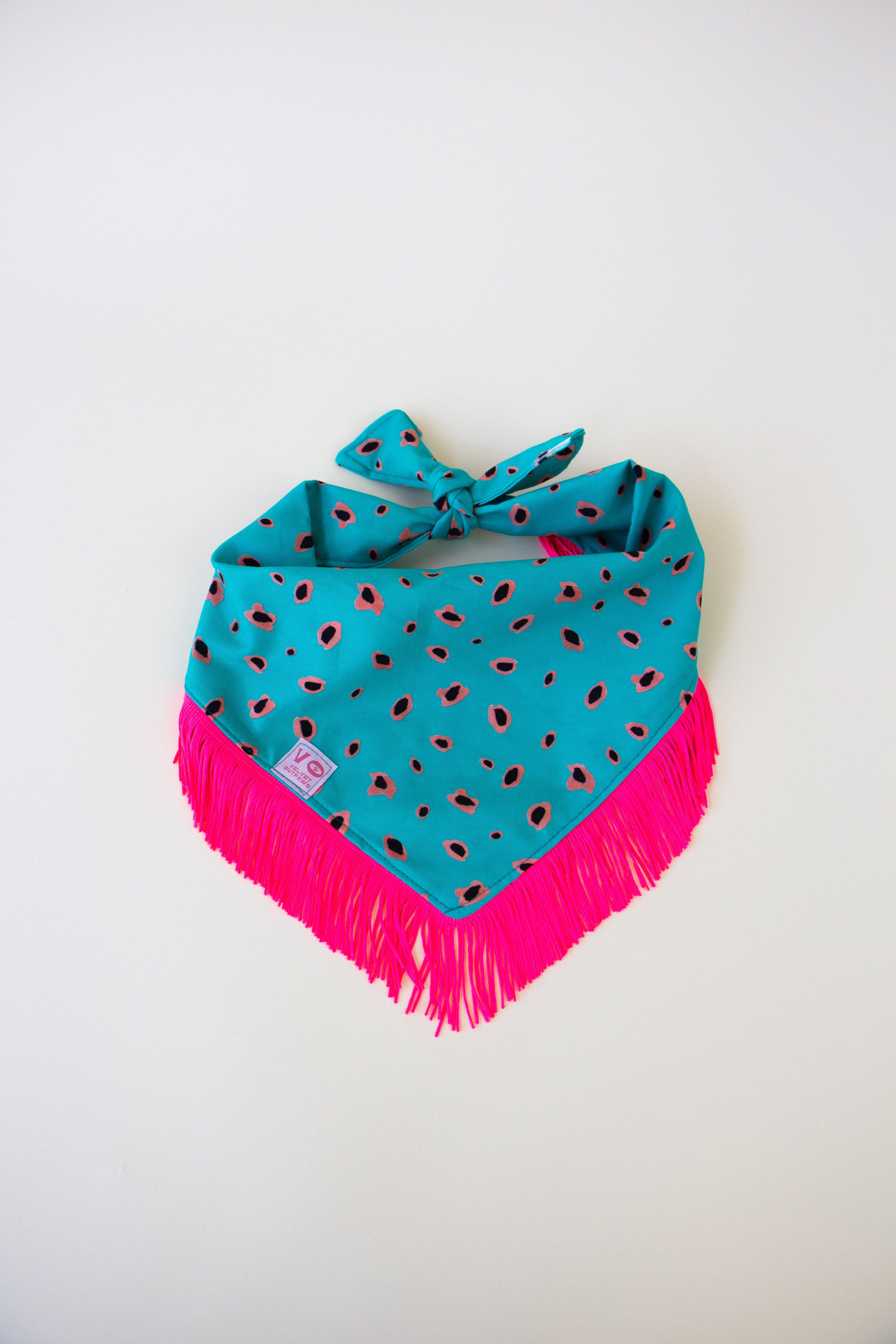 Velvet Outlaw - Wholesale Pet Bandana - Dog - Teal Animal Print with Hot Pink Fringe Dog/Cat Bandana4
