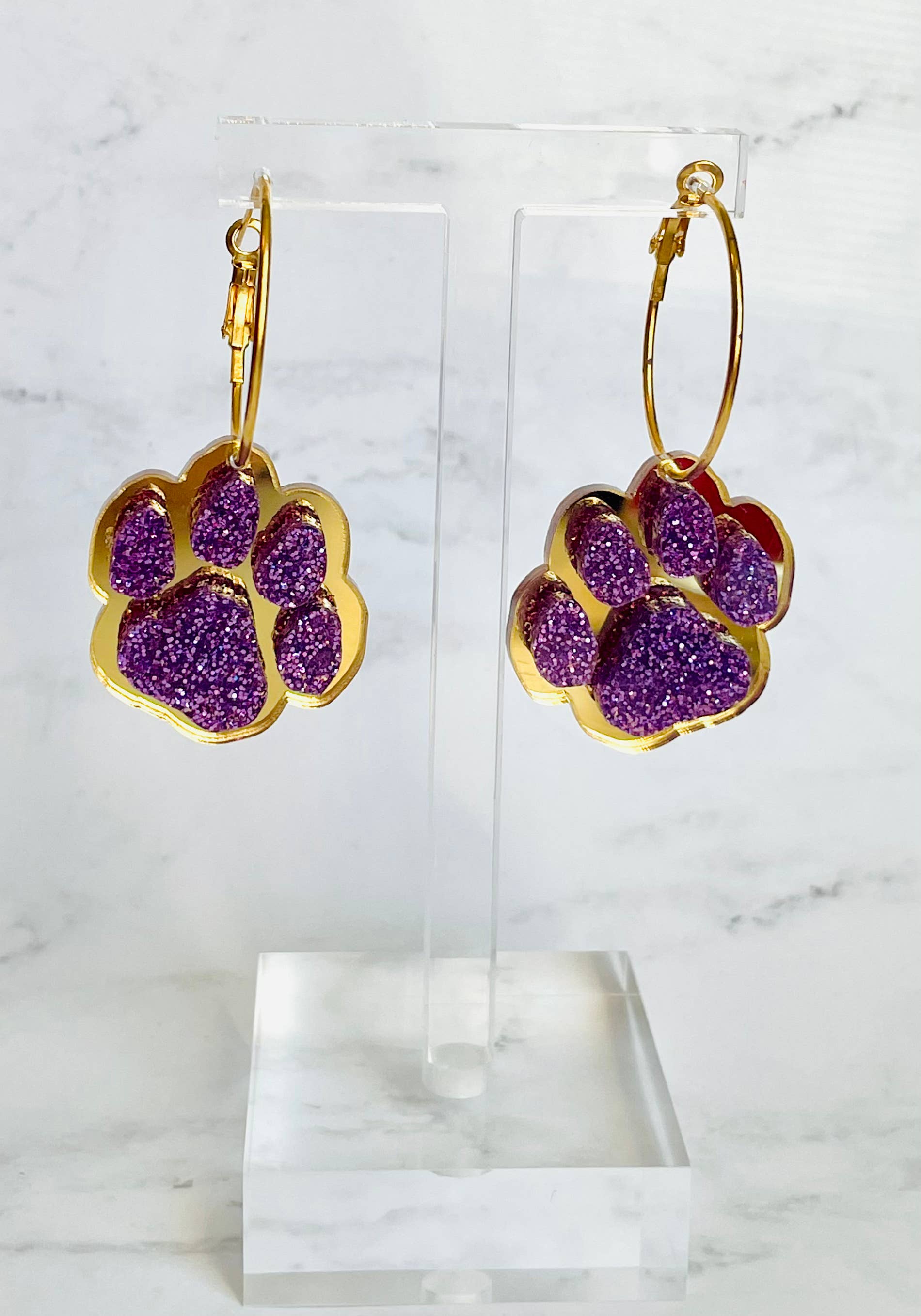 Louie Love - Wholesale Hoop Earrings - Purple & Gold Football Sports Paw Hoop Earrings3