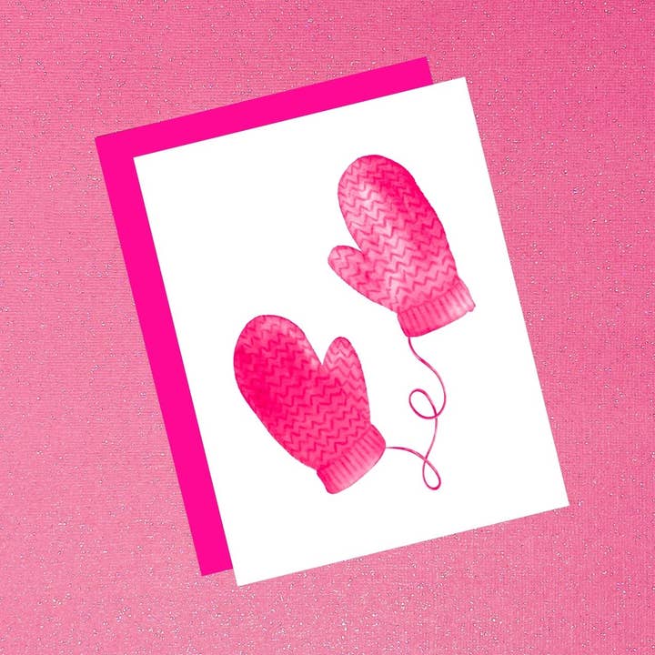 Holiday Watercolor Pink Mittens Christmas Winter Greeting for wholesale by Tiffany Ascensio Designs | Watercolor Greeting Cards