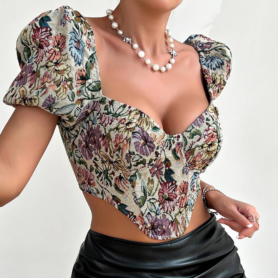 EmberLoom - Wholesale Blouse - Women's - Floral Pattern Corset Top with Puff Sleeves2