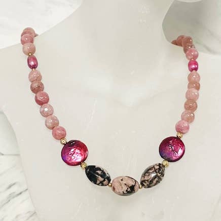 Gemstone Beaded Necklace with Freshwater Pearl for wholesale by Anita K By Blushing Pink