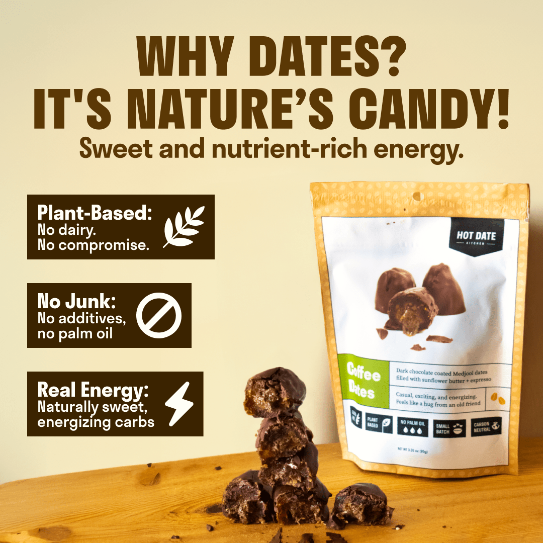 Hot Date Kitchen - Vendita all'ingrosso Dolci ricoperti di cioccolato - Dattero Medjool della California ricoperto di cioccolato: ripieno di burro di semi di girasole + espresso biologico (3 per confezione)3