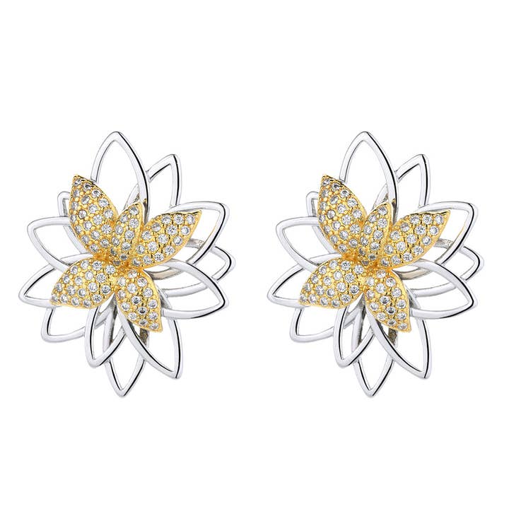 Amy and Annette - Wholesale Stud/Post Earrings - Lotus Flower Two Tone Earring Studs with Swarovski Crystals