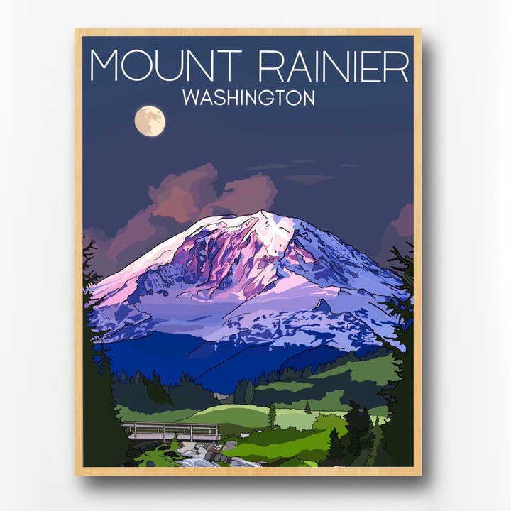 Mount Rainier, Washington Night Print | Kunstplakat i høj kvalitet for engroshandel hos Wild Life Design Co.