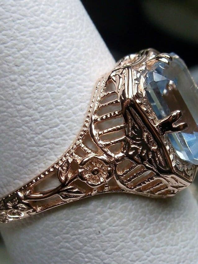 Natural Blue Topaz Rose Gold Edwardian Floral Ring #148 for wholesale by Silver Embrace Jewelry