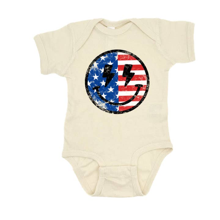 Retro American Smiley Infant Bodysuit for wholesale by Sage & Soil