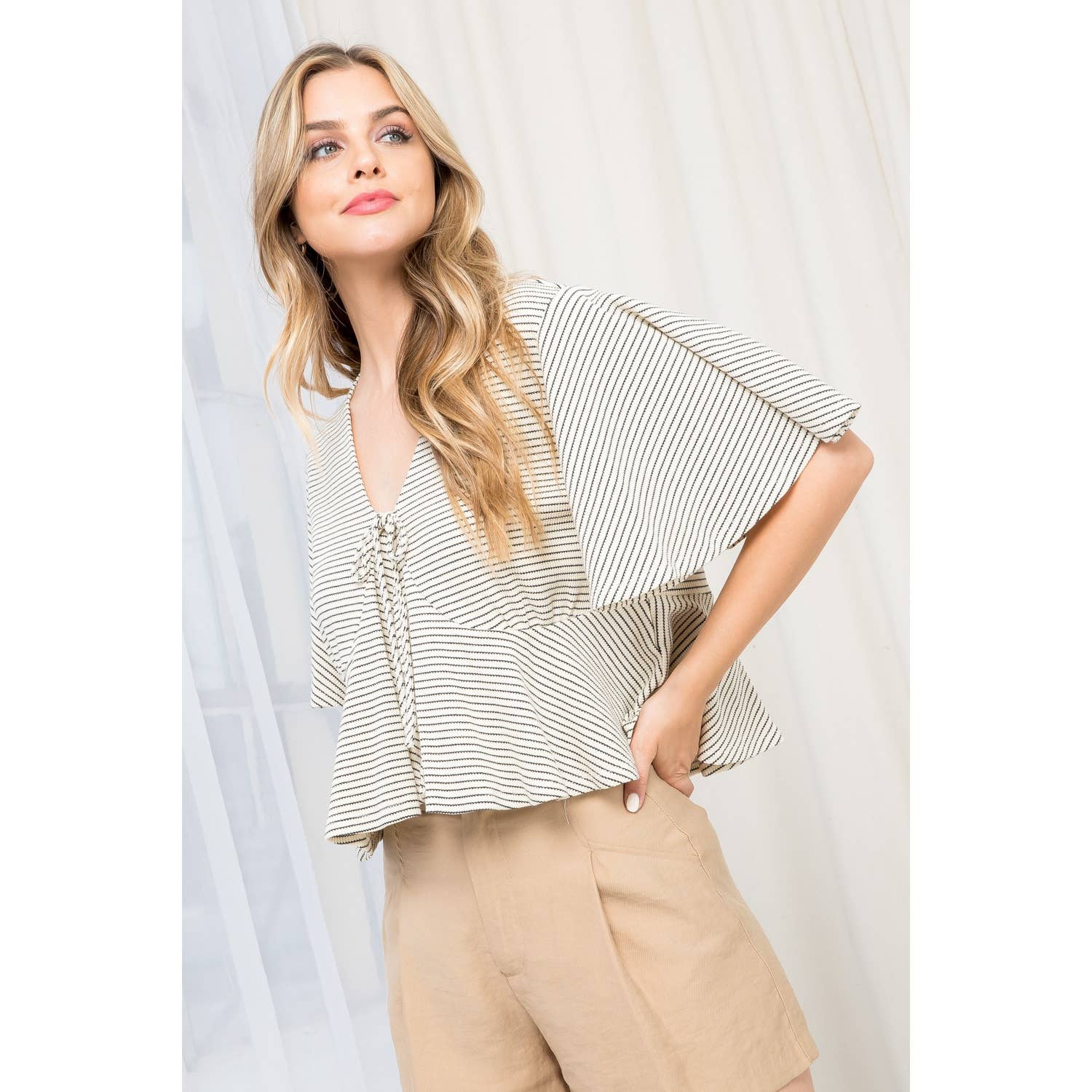 Cream Stripe Front Tie Short Sleeve Cardigan for wholesale on Faire9