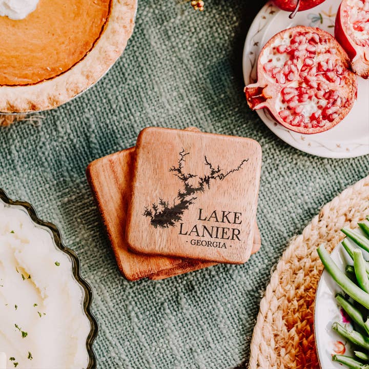 The Lillie Pad - Wholesale Coasters - Custom Lake Map Coasters - Wood Walnut Coasters Set of 44