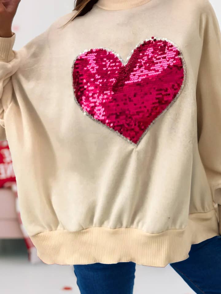 Valentine Sequin Heart Pattern Rib Trim Side Slit Sweatshirt for wholesale by fashionworks