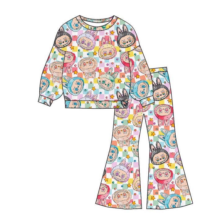 Ensemble sweat-shirt imprimé monstre mignon et pantalon évasé pour la vente par Little Trendy