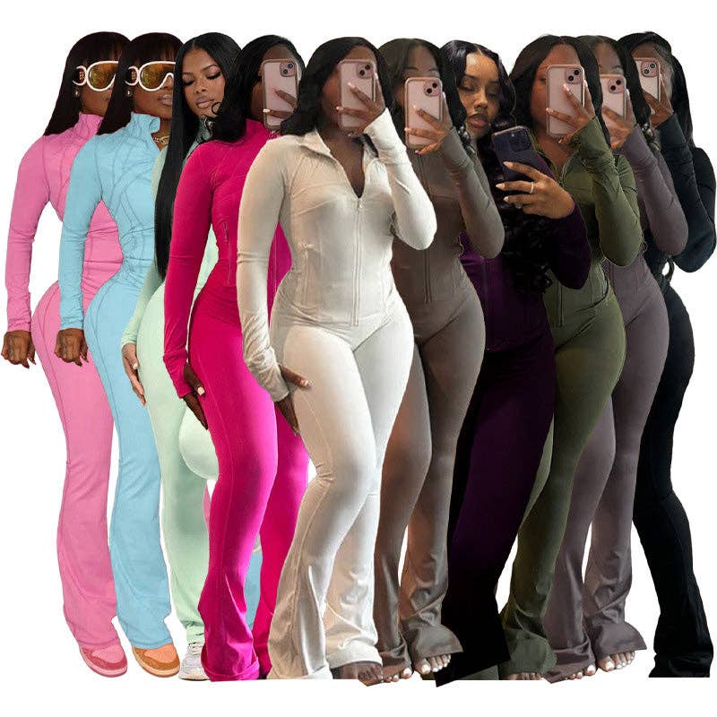 MB Fashion Wholesale - Vente Ensemble de vêtements d'intérieur – femme - ENSEMBLE DEUX PIÈCES À MANCHES LONGUES AVEC FERMETURE ÉCLAIR ET JAMBES ÉVASÉES HR2405726