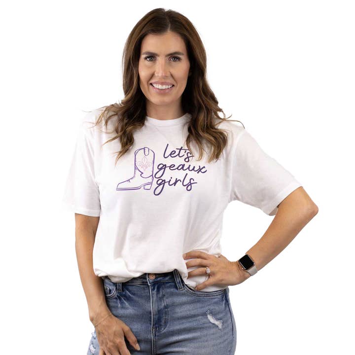 Let's Geaux Girls Glitter Crew Neck T-Shirt White/Purple/Light Purple -Asst. for wholesale by The Royal Standard