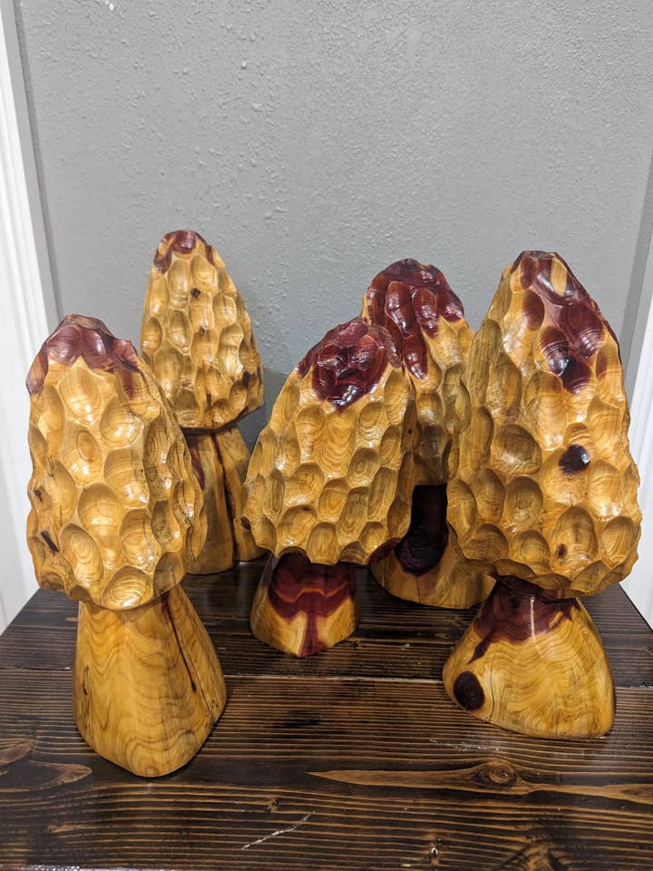 Chainsaw Carving of Morel Mushroom, Cedar Log Morel Mushroom carving, Made in USA for wholesale by Creation Carvings LLC