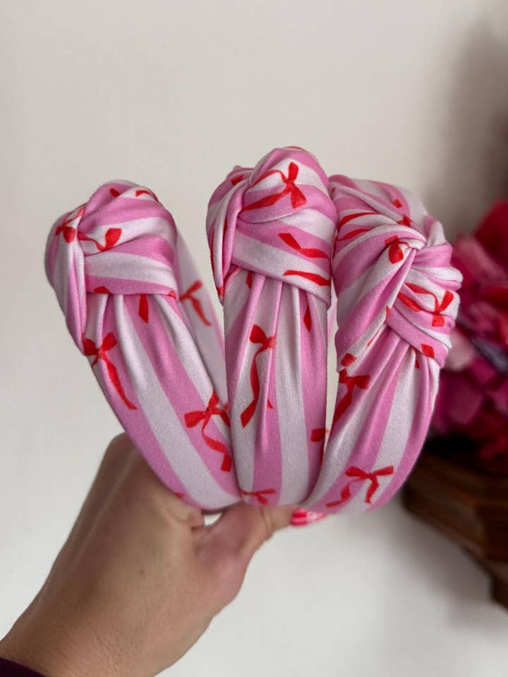 Stripes & Bows Top Knot Valentine Knotted Headband for wholesale by Brynnbands