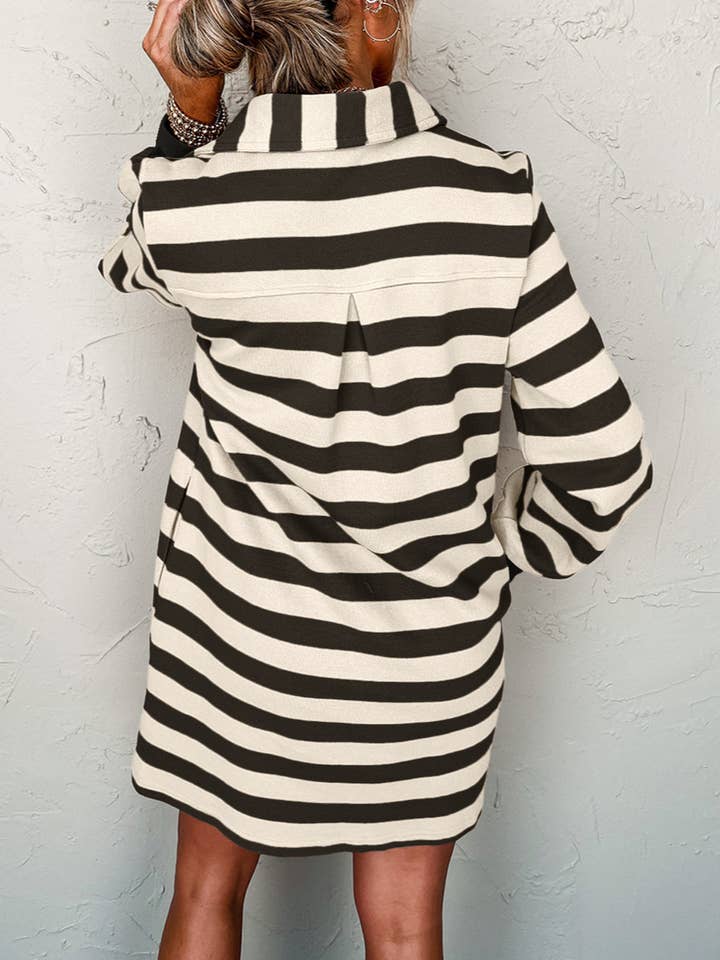 FULL TIME PURCHASE - Wholesale Dress - Women's - Stripe Collared V Neck Long Sleeve Loose Casual Dress