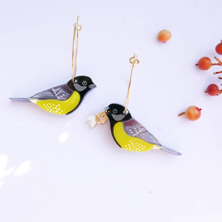 Gold hoop earrings, Great Tit birds for wholesale by BiCA-Good Morning Design