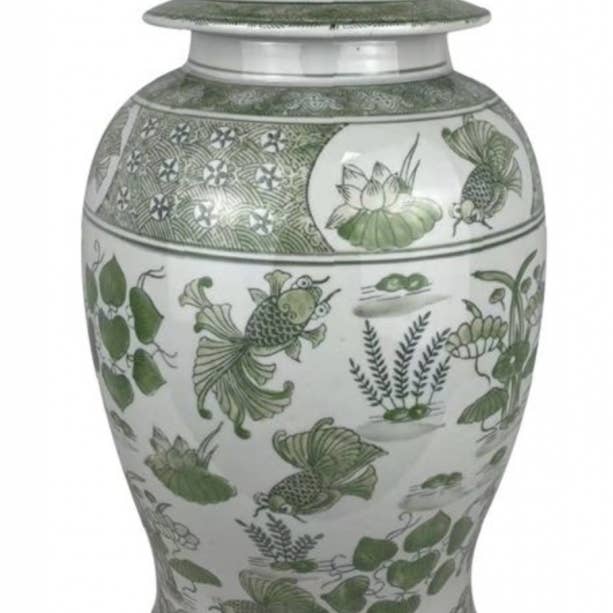 Large Green and White Temple Jar for wholesale by The Enchanted Home