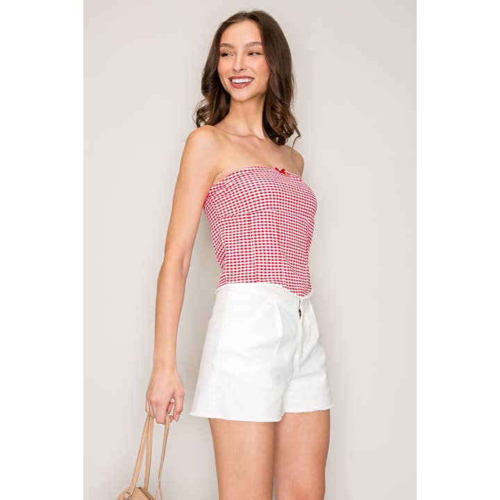 Popular 21 - Wholesale Knit Top - Women's - Gingham Seersucker Tube Top with Seamed Detail and Crochet T5