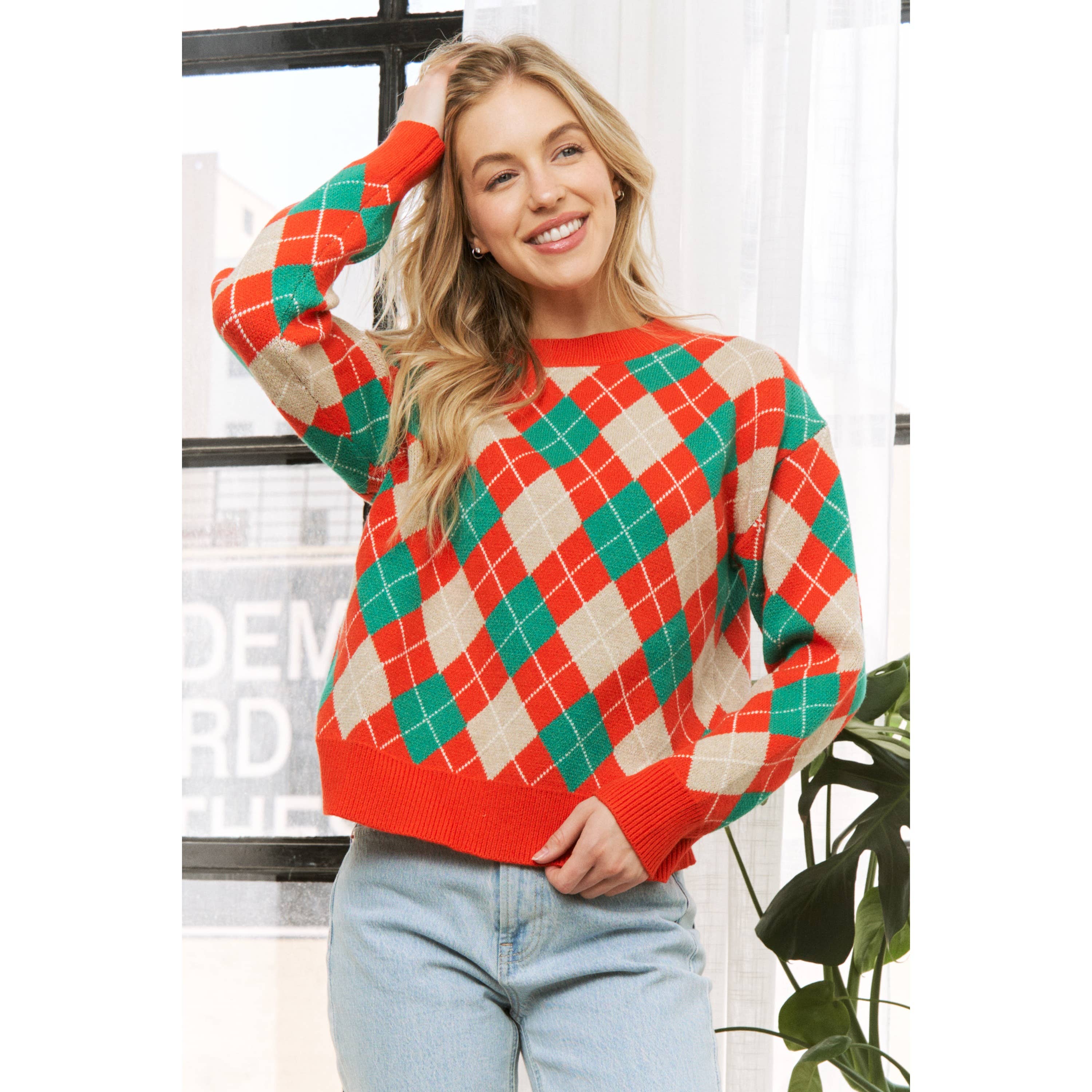 Sweet Generis - Wholesale Knit Sweater - Women's - HOLIDAY ARGYLE PATTERN DROP SHOULDER PULLOVER SWEATER7