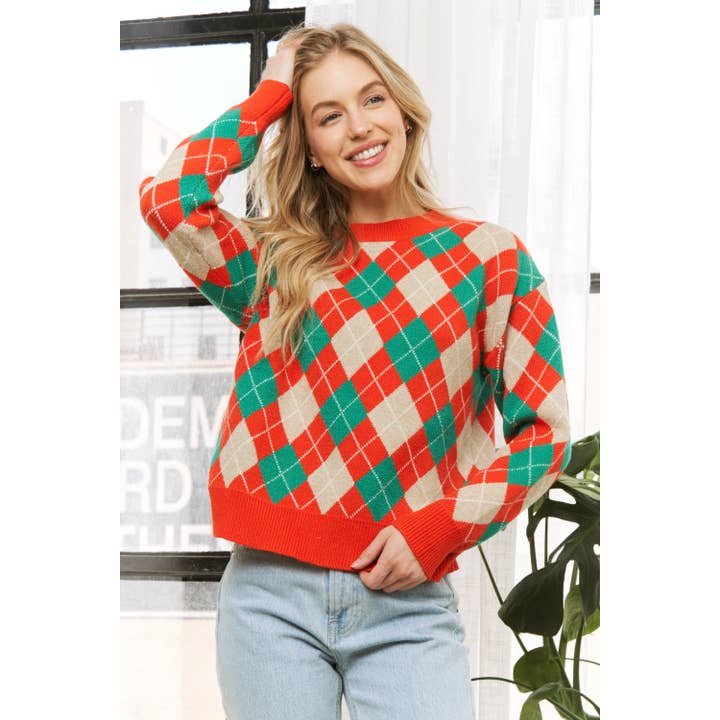 Sweet Generis - Wholesale Knit Sweater - Women's - HOLIDAY ARGYLE PATTERN DROP SHOULDER PULLOVER SWEATER7