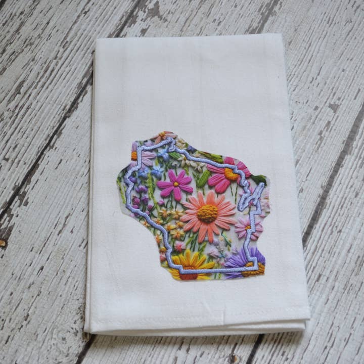 SewMuchMoreStore - Wholesale Tea Towel - Embroidered Wildflowers Floral State Towel -Raggy edge5