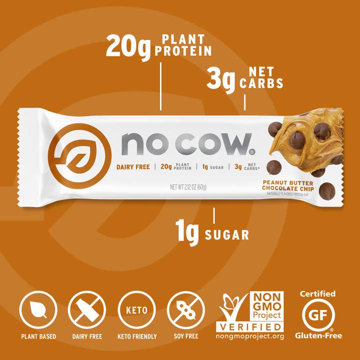 No Cow - Wholesale Snack Bar - No Cow Protein Bars, Peanut Butter Chocolate Chip, 12 Pack