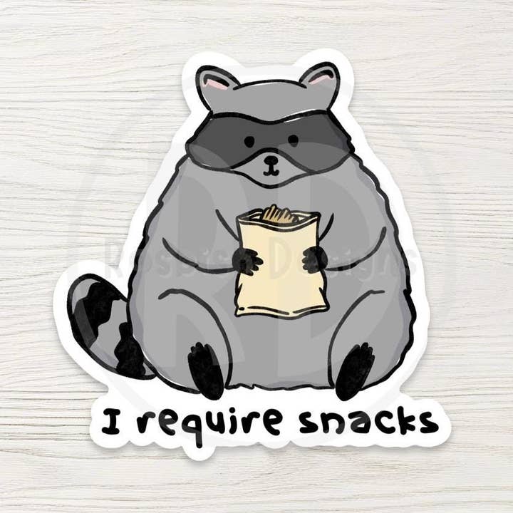 Chunky Raccoon Water Bottle Sticker - "I Require Snacks" Vinyl Decal for wholesale by Roseish Designs