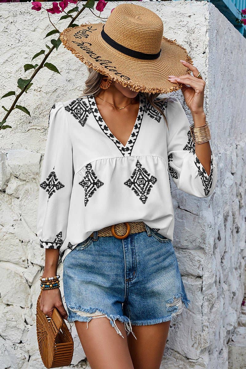 Elings - Wholesale Blouse - Women's - V Neck Printed Loose Fit Blouse13