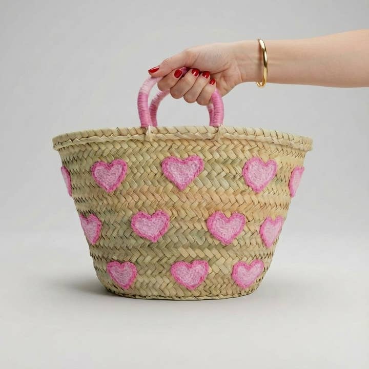 Melecraft – wholesale Basket – Heart Embroidered Straw Basket - Boho Summer Beach Tote5