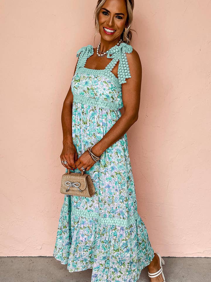 Lovesoft - Wholesale Dress - Women's - Green Floral Lace Tied Strap Empire Waist Maxi Dress