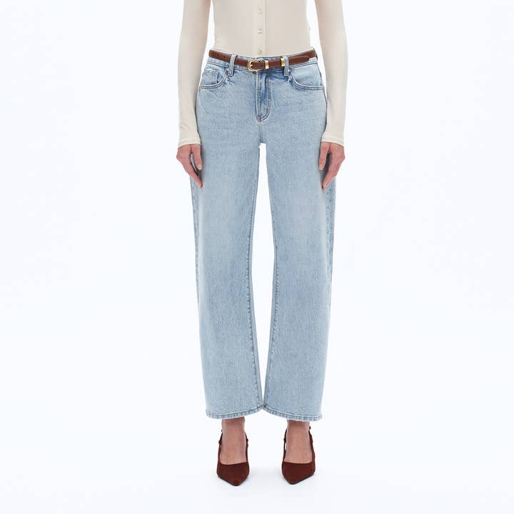 LIGHT BLUE MID RISE BARREL DENIM JEANS WITH FINISHED HEM BYOX010 for wholesale on Faire