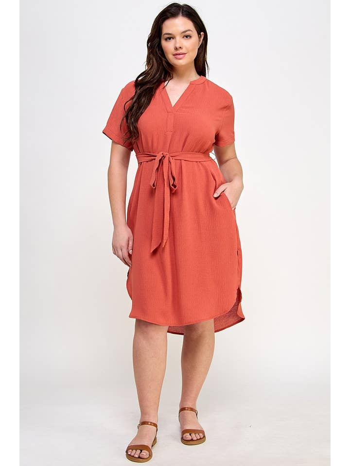 Haute Fox Plus Size & Contemporary - Wholesale Dress - Women's - Plus Size Midi V-Neck Waist Tie Dress SS2352P-D