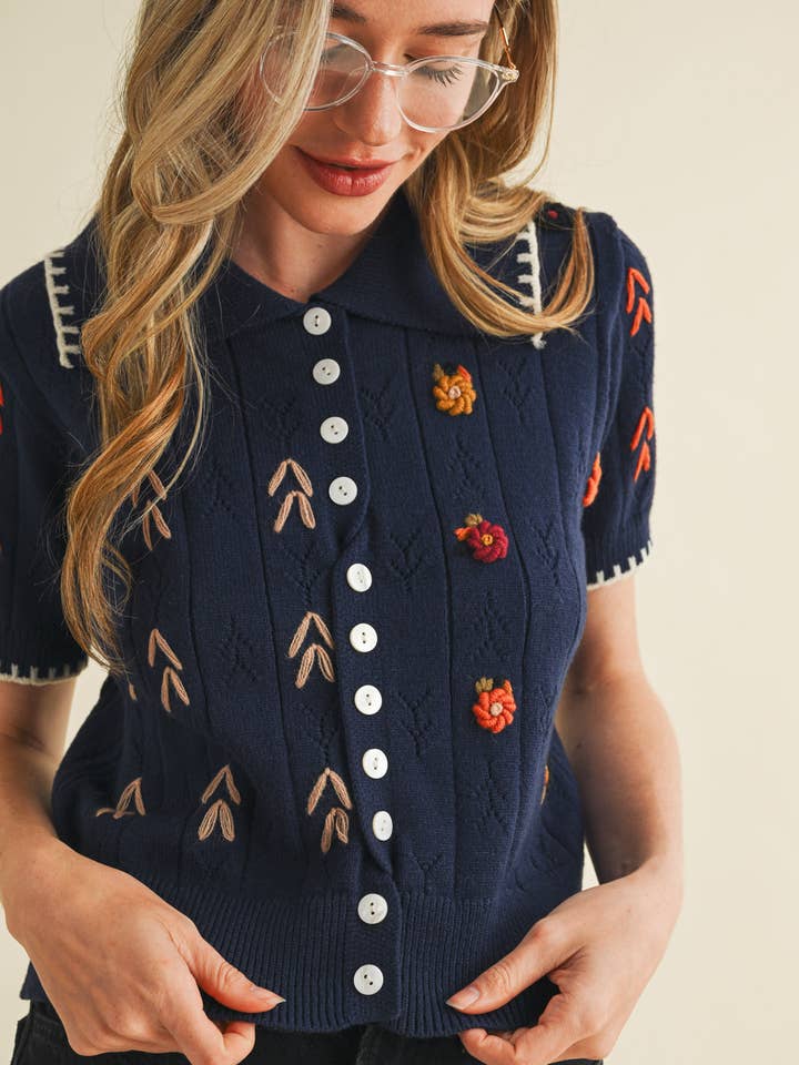&MERCI - Wholesale Knit Sweater - Women's - HAND EMBROIDERED SHORT SLV BUTTON DOWN SWEATER MSW1095325