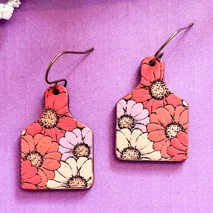 Floral Cow Tag Handmade Wood Dangle Earrings for wholesale by The Poppy Peach, LLC.