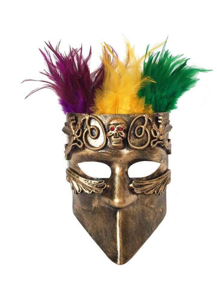 Máscara de guerrero integral con cráneo central y plumas para venta al por mayor de Mardi Gras Creations