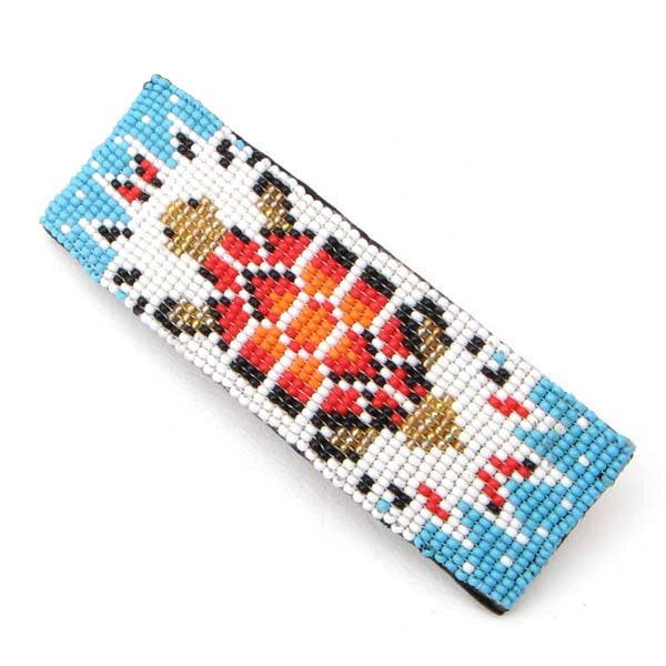 Handmade Beaded Barrette French Clip with Turtle Pattern in Cyan Blue, White and Red for wholesale by BEADS CORNER
