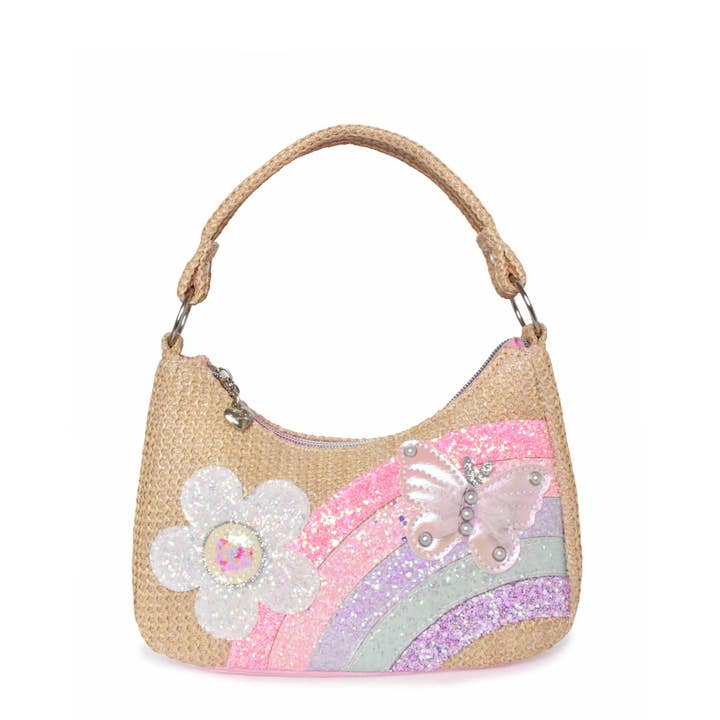 Straw Daisy & Rainbow Appliqué Mini Hobo Bag for wholesale by OMG Accessories