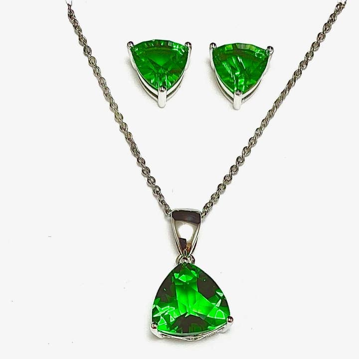 Twan Kee Jewelry - Wholesale Jewelry Set - Helenite Triple-Cut Stud Earrings & Pendant, Sterling Silver0