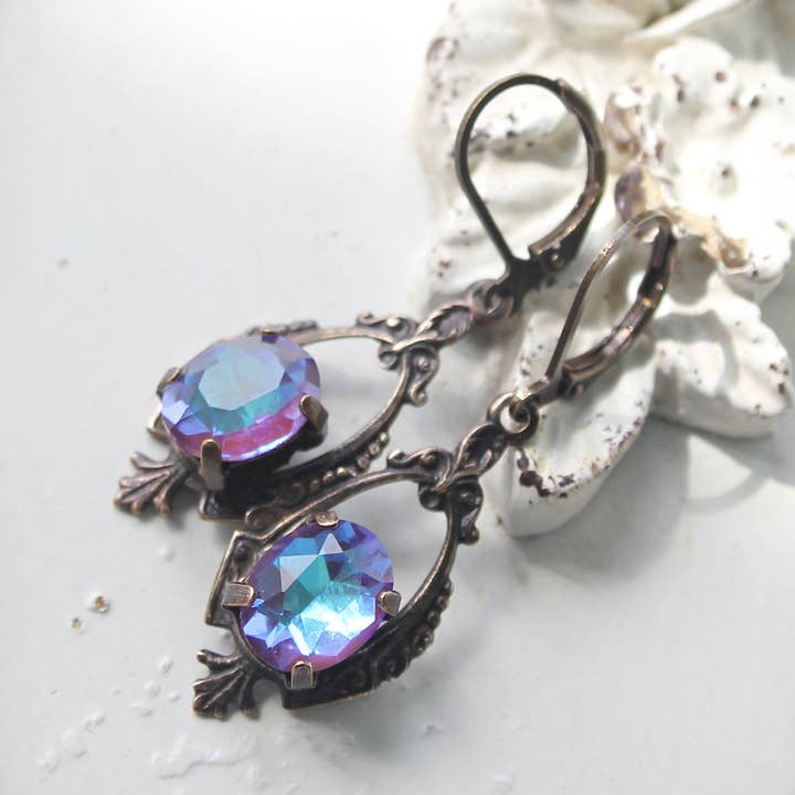 Misty Blue Violet Edwardian Style Crystal Drop Earrings for wholesale by Circa 1890