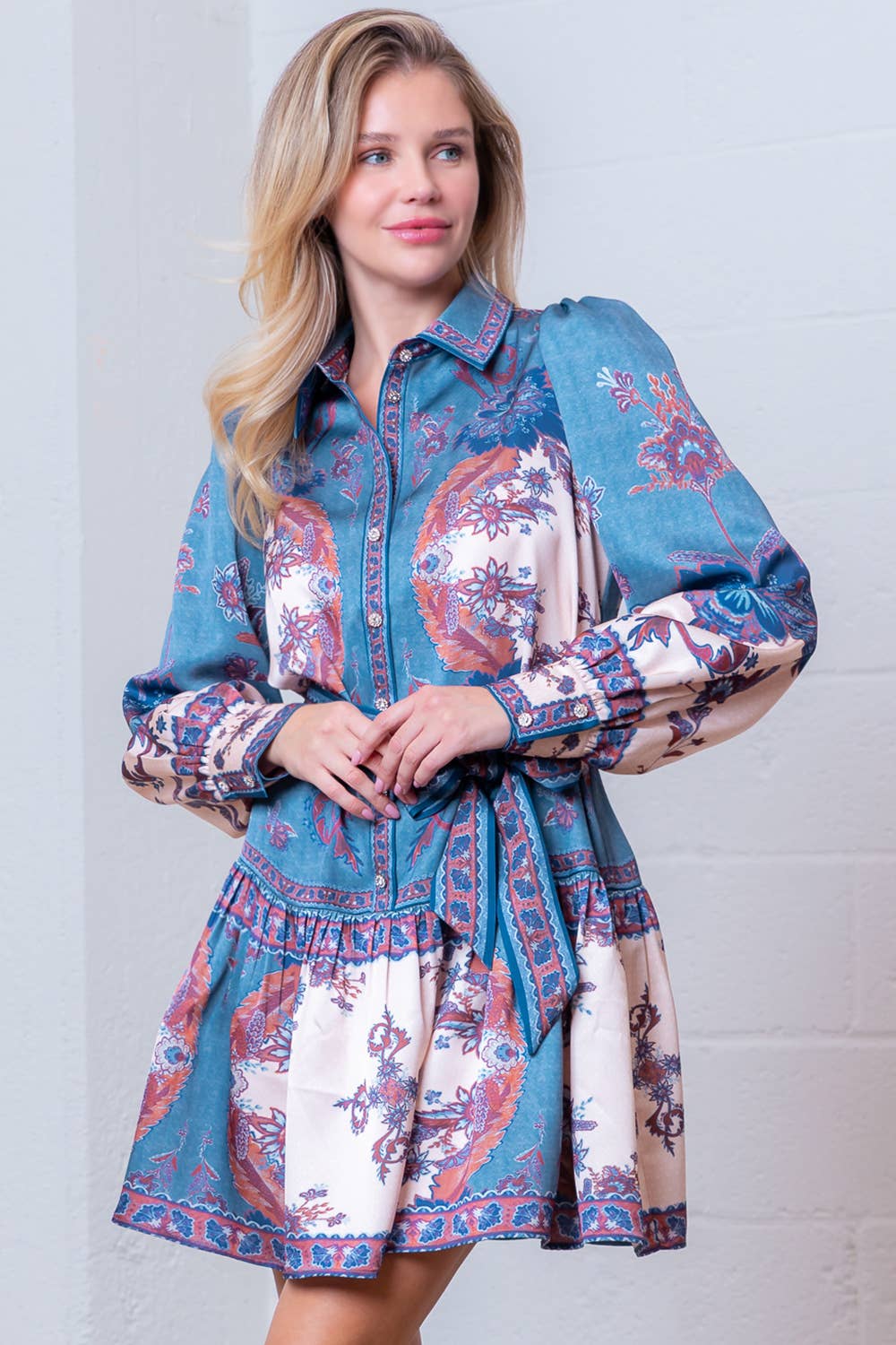 Blue Multi WD99080T-BLUE CREAM FLORAL PLACEMENT PRINT DRESS  for wholesale on Faire0