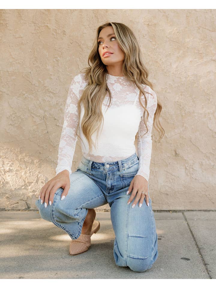 White Mock Neck Floral Lace Mesh Long Sleeve Top - White for wholesale on Faire1