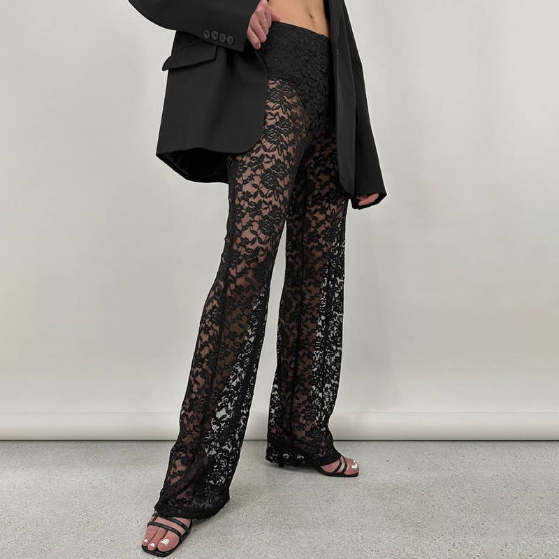 HIDDENBRAND - Wholesale Pants - Women's - Lace See-Through High Waisted Straight Leg Pants0