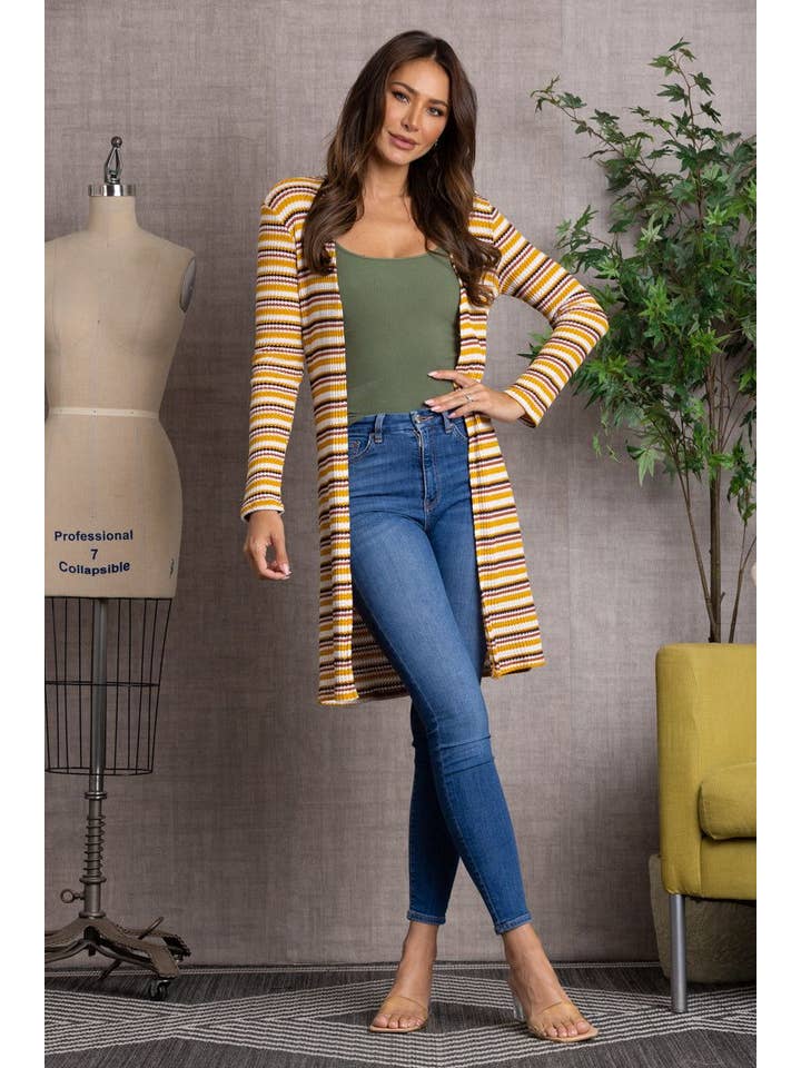 SENAPE CARDIGAN LUNGO IN MAGLIA CON APERTURA FRONTALE A RIGHE SENAPE - L4642 in vendita all'ingrosso su Faire