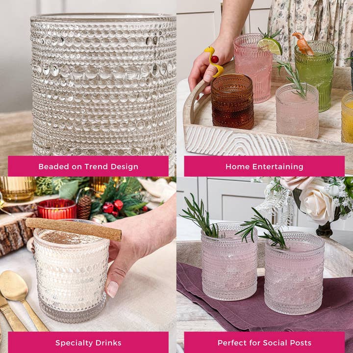 Kate Aspen - Wholesale Drinking Glass/Cup - 10 oz Textured Beaded Clear Old Fashion Drinking Glasses 6pc